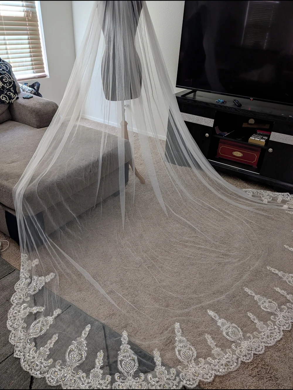 Cathedral Length Ivory Wedding Feel Lace Trim.
